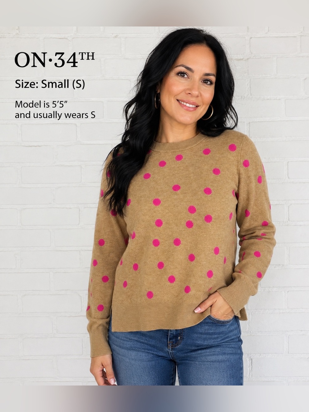 ON 34TH Women’s Small Tan & Hot Pink Polka Dot Crewneck Sweater